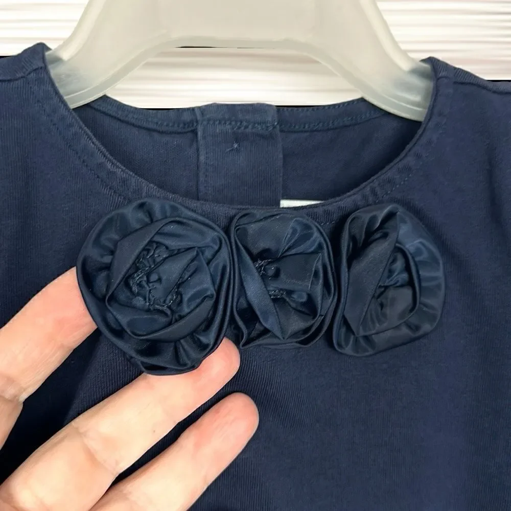 Janie & Jack Girls Top Shirt Size 3 Navy Blue Satin Sheen Rosettes And Sleeves